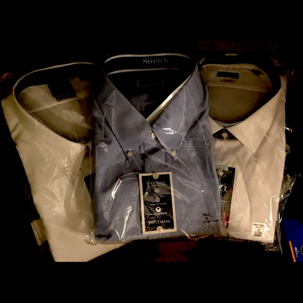 Three New Mens Dress Shirts, 6XL, 2 White, 1 Blue Oxford. In original packaging.
